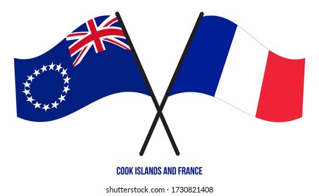 Cook Islands and France Flags Crossed And Waving Flat Style.  Correct Colors.