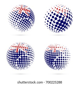 Cook Islands halftone flag set patriotic vector design. 3D halftone sphere in Cook Islands national flag colors isolated on white background.