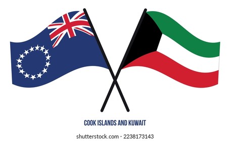 Banderas de las Islas Cook y Kuwait Cruzadas y ondeadas de estilo plano. Proporción oficial. Colores correctos.