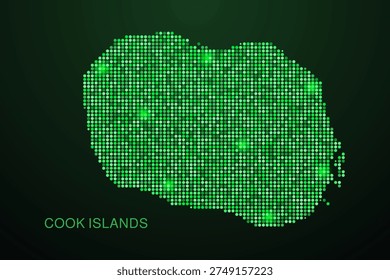 Cook Islands Map - Digital dotted map with glowing green points on dark background, modern technology style, abstract data network design, clean minimal geometric vector illustration.