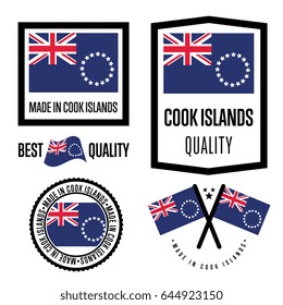 Cook Islands quality isolated label set for goods. Exporting stamp with nation flag, manufacturer certificate element, country product vector emblem. Made in Cook Islands badge collection.