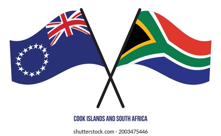 Cook Islands and South Africa Flags Crossed And Waving Flat Style. Official Proportion. Correct Colors.