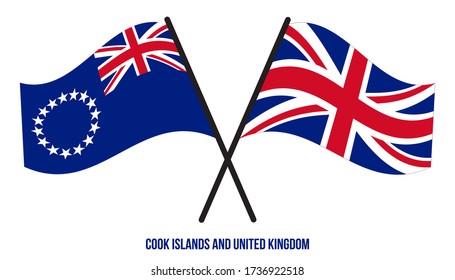 Cook Islands and United Kingdom Flags Crossed Flat Style. Official Proportion. Correct Colors.