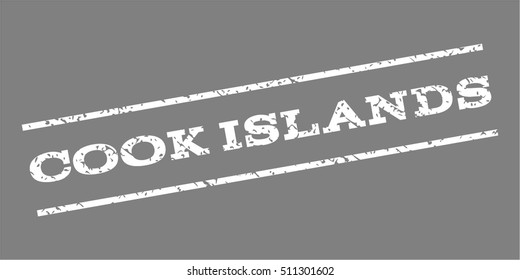 Cook Islands watermark stamp. Text caption between parallel lines with grunge design style. Rubber seal stamp with unclean texture. Vector white color ink imprint on a gray background.