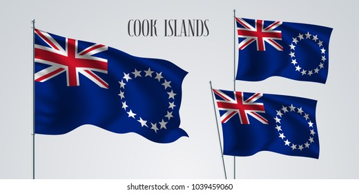 Cook islands waving flag set of vector illustration.Blue red colors of Cook islands wavy realistic flag as a patriotic symbol