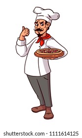 A cook of Italian appearance holds a pizza in her hands.