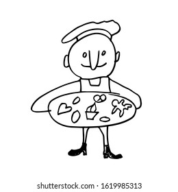 The cook keeps the sweets he has prepared on a tray. Cartoon character, Stick figure, Doodle illustration. vector