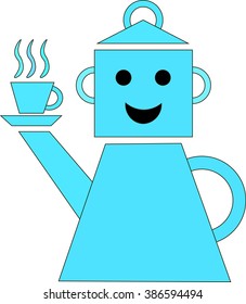 Cook in a kettle and the pot holds a hand-nose cup of tea or coffee on a saucer. It can be used as logo. Vector drawing