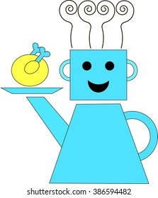 Cook in a kettle and the pot holds a hand-spout tray with fried chicken. From steaming pots in the form of a cap chef. It can be used as logo. Vector drawing