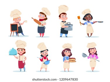 Cook Kids. Cartoon Chief Children Preparation Meal. Cooking Class Vector Set