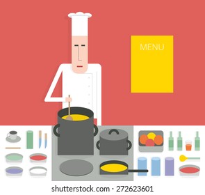 Cook in the kitchen, chef cooks on the stove, cartoon vector illustration, flat style