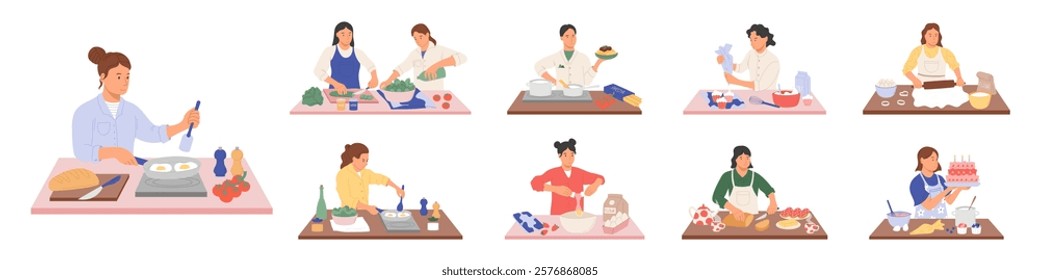 Cook in kitchen. Food preparation at home. Chef man bakes cakes. Family cooking. Breakfast meal on table. Homemade dinner. Culinary dish. Cutting salad vegetables. Cartoon people garish vector set