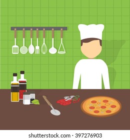 Cook is in the kitchen at his workplace. On the table, ingredients for pizza, and pizza is ready. On a green wall hanging kitchen utensils. Vector illustration in a flat style.