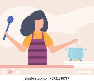 Cook at kitchen online video tutorial, vector illustration. Chef cooking at internet application, dinner recipe at network. Restaurant cuisine in culinary girl vlog channel, organic dish.