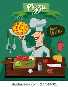 Cook in the kitchen preparing a pizza. A set of ingredients for design