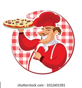 Cook in the kitchen preparing a pizza. Vector illustration