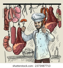 A cook in the kitchen with sausages in the background holds a like and a sausage on a fork. Delicious meat products, sausages, sausages, jamon. Freehand drawing, sketch style, engraving