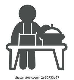 Cook and kitchen table with saucepan solid icon, culinary cooking concept. Vector graphics. Kitchen and cooker man sign on white background, glyph style icon for mobile or web design