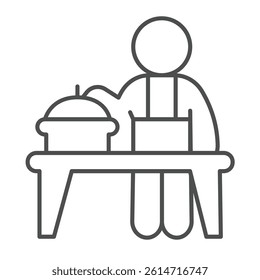 Cook and kitchen table with saucepan thin line icon, culinary cooking concept. Vector graphics. Kitchen and cooker man sign on white background, linear style icon for mobile or web design