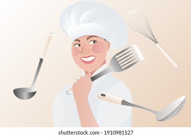 Cook with kitchen utensils. Ladle, slotted spoon, spatula, whisk