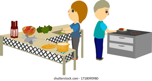 cook in the kitchen,many food on the table, and people cook food.