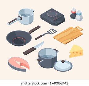 Cook kithhen set. Frying pan electric stove white cooking ladle pan lid yellow cheese red fish chunk knife pepper salt spatula wooden board stirring paddle art cooking menu. Elements vector graphic.