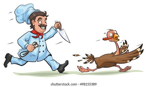 Cook with knife pursues frightened turkey. Fun concept for Thanksgiving Day. Isolated on white vector cartoon illustration