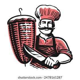 Cocine con cuchillo y pincho de shawarma de carne. Kebab, comida rápida, emblema o logo. Ilustración vectorial