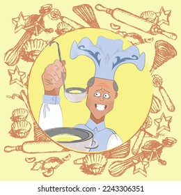 Kochen in einer großen Kappe mit einer Leiter und einem Saucepan auf dem Hintergrund der altmodischen Küchenausstattung. Poster, Emblem. Vektorgrafik