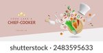 Cook like a Chief cooker 3D plastic style vector banner. White chef hat, three golden stars, kitchenware and vegetables. Cooking food preparation ingredients