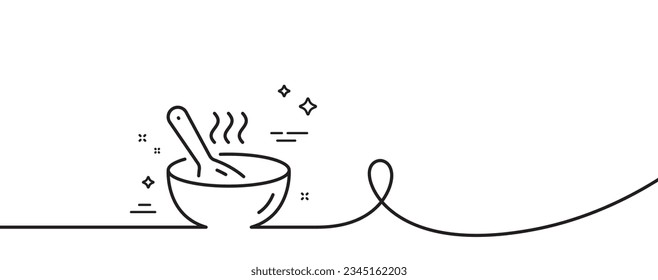 Cook line icon. Continuous one line with curl. Hot bowl with spoon sign. Food meal symbol. Cook single outline ribbon. Loop curve pattern. Vector