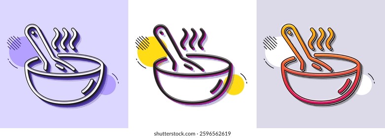 Cook line icon. Halftone dotted pattern. Gradient icon with grain shadow. Hot bowl with spoon sign. Food meal symbol. Line cook icon. Various designs. Vector