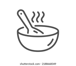 Cook line icon. Hot bowl with spoon sign. Food meal symbol. Quality design element. Linear style cook icon. Editable stroke. Vector