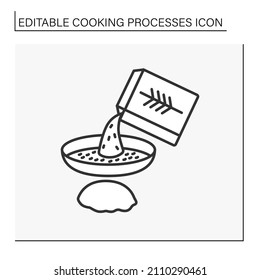 Cook line icon. Pour flakes into plate. Paper packing for cereals. Cooking process concept. Isolated vector illustration.Editable stroke