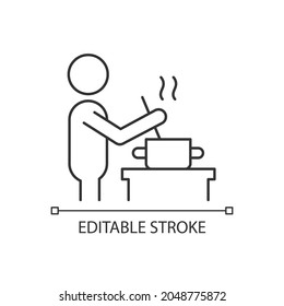 Cook linear icon. Person stirring soup in pan. Home-made food. Dinner preparation at home. Thin line customizable illustration. Contour symbol. Vector isolated outline drawing. Editable stroke