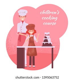 A cook and a little cook are standing near the culinary table. Big birthday cake. Courses of children's cooking. Learning culinary business.