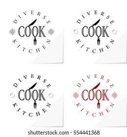 Cook Logo Authentic Striped Lettering Combined with Symbolic Knife Fork and Diverse Kitchen Text - Black and Brown Letters and Objects on White Natural Paper Background - Flat Graphic Illustration