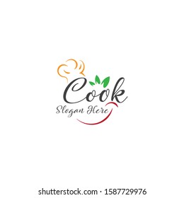 cook logo in the form of a fresh leaf chef hat and smile makes this design unique, modern, simple.