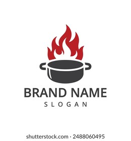 Cook logo of rustic old skillet cast iron with fire for traditional food restaurant kitchen logo design