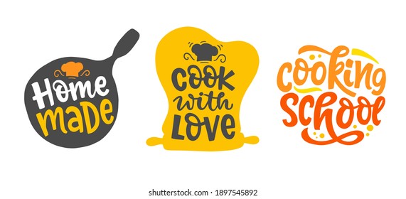 Cook with love, Home made bakery, culinary logotype set, hand written lettering for shop, cooking school, isolated on white background. Poster, banner, cookware print. Vector illustration