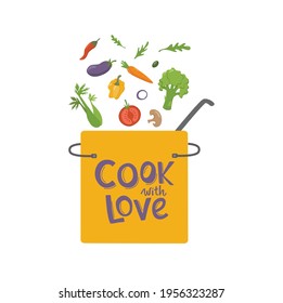 Cook with love lettering sing with vegetables and kitchen pan. Vector stock illustration isolated on white background for web site online cooking course, class certificate, diploma.