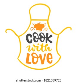 Cook with love quote, hand written lettering emblem, isolated on white background. Cooking classes logo, cookware print. Vector illustration for design.