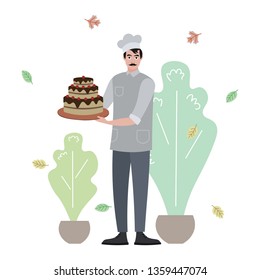 Cook made a birthday cake. Flat style. Cartoon vector illustration