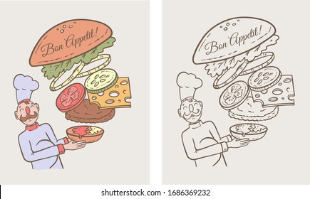 Koch macht Hamburger handgezeichnet Vektorillustration