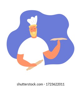 The cook makes pizza, twists the dough on his hand. Cartoon vector illustration
