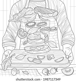 El cocinero prepara un sándwich.Antítesis del libro de colores para niños y adultos. Ilustración aislada sobre fondo blanco. Estilo zenano-margino. Dibujo manual