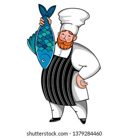 cook man in apron holds fish in his hand. cook character on white background.