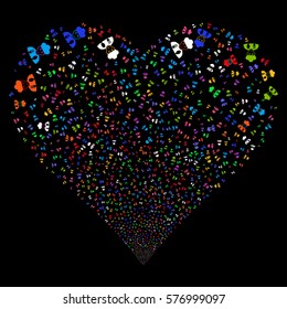 Cook Man fireworks with heart shape. Vector illustration style is flat bright multicolored iconic symbols on a black background. Object valentine heart combined from confetti symbols.