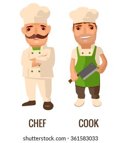 Cook man with knife. Proud chef with a mustache crossed his arms. Vector flat illustration isolated on white background. Hand drawn design element for label and poster
