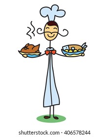 Cook man. Lovely linear cook man. Restaurant cook. Cook icon. Linear color cook sketch. French chef.